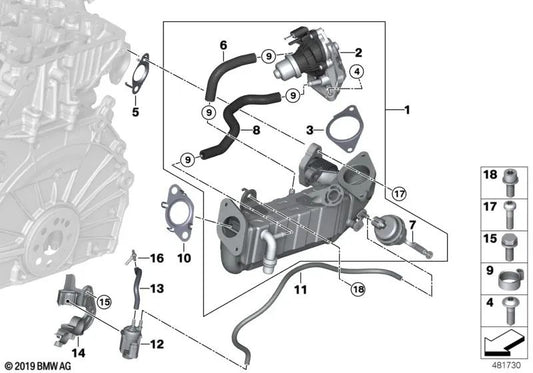 Enfriador de Gases de Escape para BMW Serie 2 F45N, F46N X1 F48 X2 F39 MINI F54, F55, F56, F57, F60 (OEM 11718473162). Original BMW.