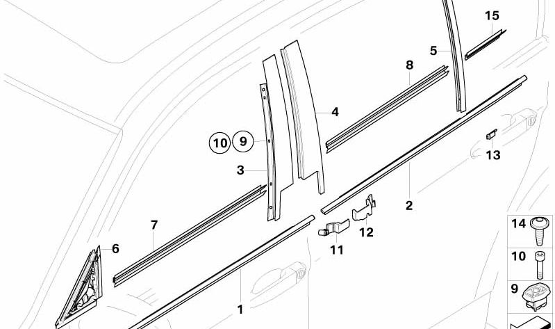 Cubierta guía de ventana derecha para BMW Serie 3 E90, E90N (OEM 51357060256). Original BMW