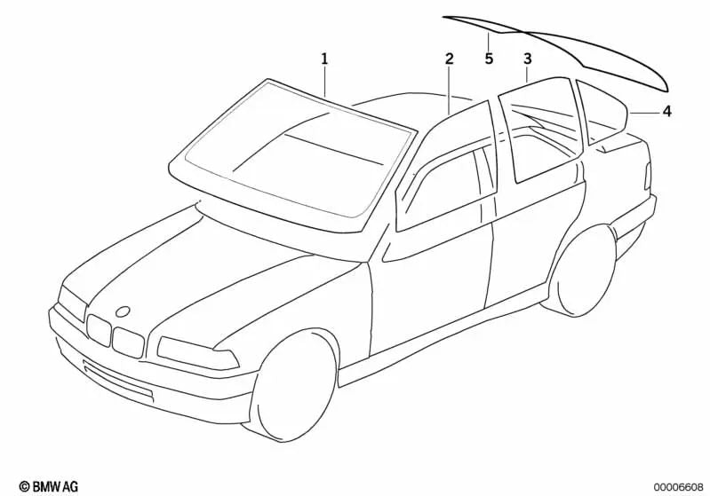 Lune arrière verte avec antenne pour plusieurs modèles / séries BMW (OEM 51318173656). BMW d'origine.