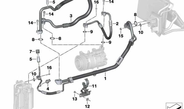 Tubería de alta presión compresor-condensador OEM 64539395478 para BMW G42, G20, G21, G22, G23, G26. Original BMW.