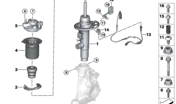 Amortiguador delantero izquierdo para BMW F07, F10, F11, F06, F12, F13, F01N, F02N (OEM 37106895201). Original BMW