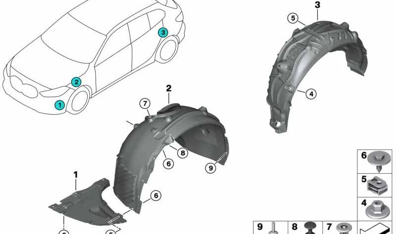 Cubierta del paso de rueda inferior derecha para BMW F44 (OEM 51718497244). Original BMW