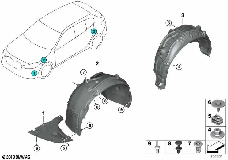 Cubierta del guardabarros delantero derecho para BMW F40, F44 (OEM 51717436628). Original BMW