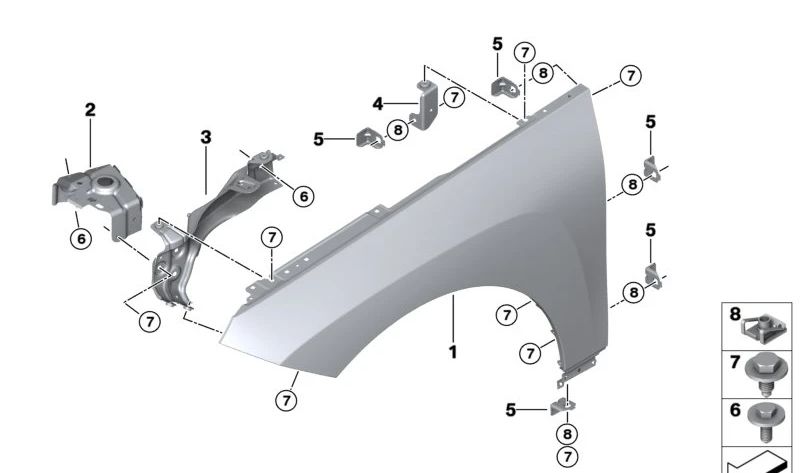 Soporte de guardabarros delantero derecho para BMW I20 (OEM 41009627304). Original BMW