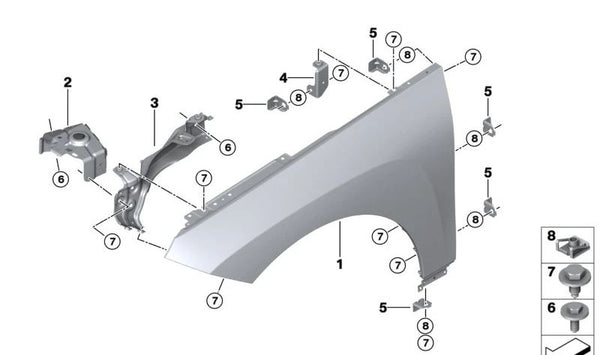 Soporte para panel lateral delantero derecho para BMW i I20 (OEM 41009627300). Original BMW