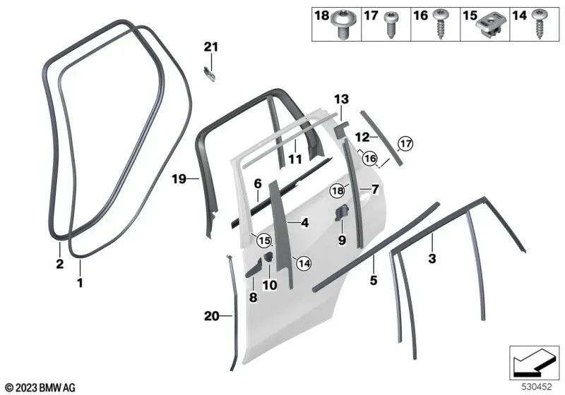 Säule B Abdichtung der rechten Hintertür für BMW F95, F95N, G05, G05N, G18, G18N, X7 G07, G07N (OEM 51357453844). Original BMW.