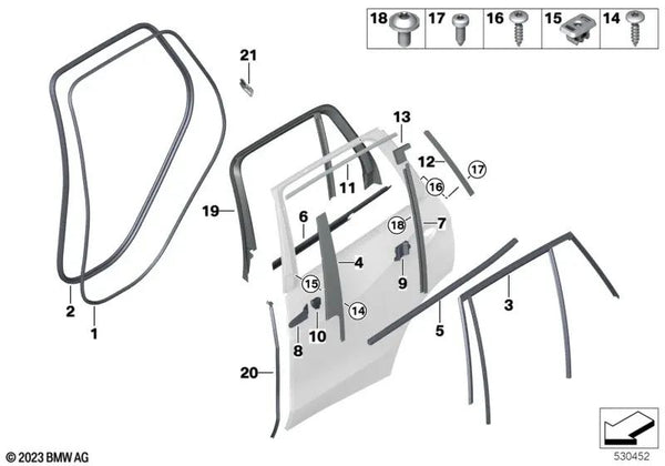 Sellado columna B puerta trasera derecha para BMW F95, F95N, G05, G05N, G18, G18N, X7 G07, G07N (OEM 51357453844). Original BMW.