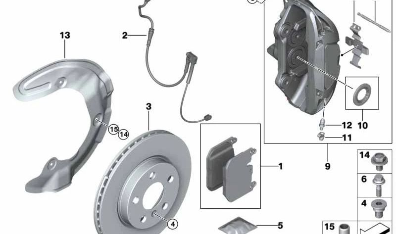 Pinza de freno delantera izquierda OEM 34106888629 para BMW F40, F44, F48, F39. Original BMW.