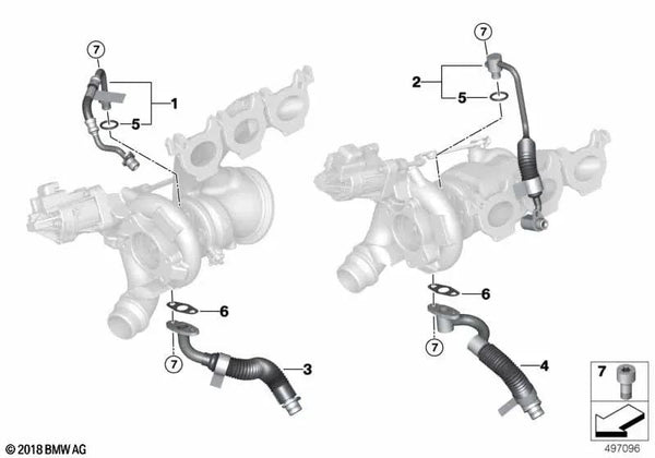 Tubería de retorno de aceite del turbocargador de escape para BMW Serie 2 G87, Serie 3 G20N, G21N, G80, G81, Serie 4 G26, G82, G83, X3 F97, F97N, X4 F98, F98N (OEM 11428054870). Original BMW.