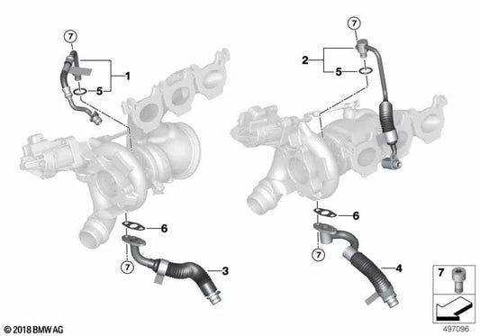 Turbocharger Oil Feed Pipe For BMW 2 Series G87, 3 Series G20N, G21N, G80, G81, 4 Series G26, G82, G83, X3 F97, F97N, X4 F98, F98N (OEM 11428054868). Original BMW