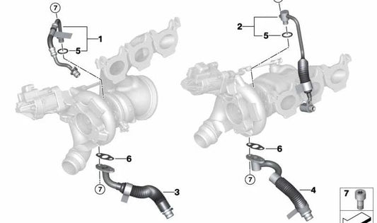 Tubo de retorno de aceite para el turbocompresor OEM 11428054871 para BMW G20, G21, G80, G26, G82, G83, F97, F98. Original BMW.