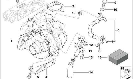 Kit de montaje para turbocompresor OEM 11652362145 para BMW E87, E90, E91. Original BMW.