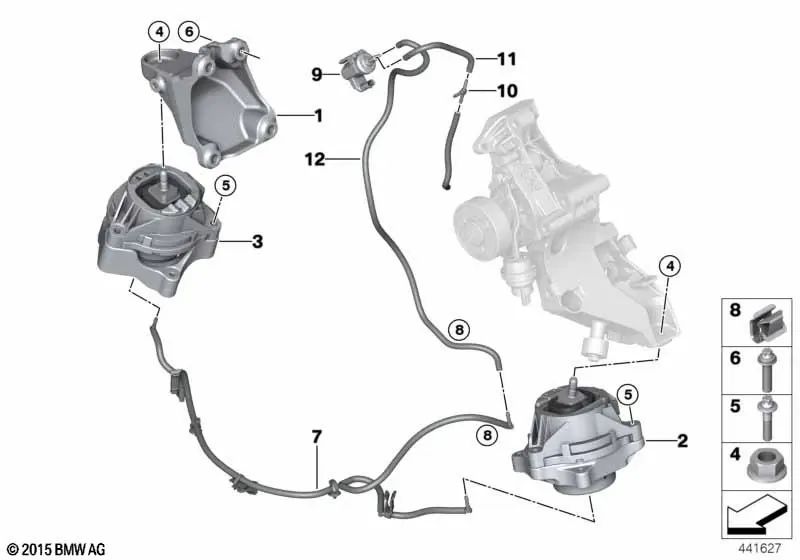 Suporte ao motor direito para BMW 1 F20N Series, F21N, Série 2 F22N, F23N, Série 3 F30N, F31N (OEM 22116873704). BMW original.