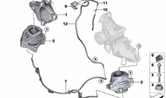 Supporto motore destro per BMW F20N, F21N, F22, F23, F30N, F31N, F35N, F32, F36 (OEM 22116859408). BMW originale.