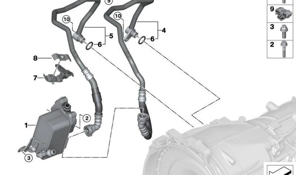 Tubería de Retorno del Enfriador de Aceite de Transmisión para BMW Serie 5 G60, G61, Serie 7 G70, X5 G05N, X6 G06N, X7 G07N (OEM 17227827056). Original BMW