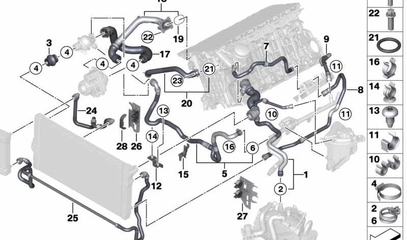 Manguito de refrigerante OEM 17127580956 para BMW F01, F02, F03, F04. Original BMW