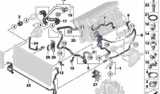 Manguera de refrigerante OEM 17127580961 para BMW F07, F10, F11, F01, F02. Original BMW.