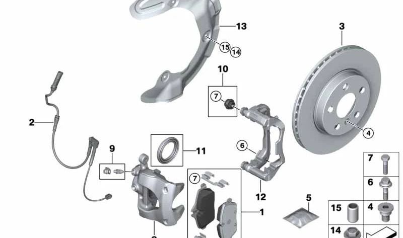 Soporte de pinza de freno OEM 34116869107 para BMW F40, F44, F45, F46, G20, G21, F48, F39, F54, F60. Original BMW.