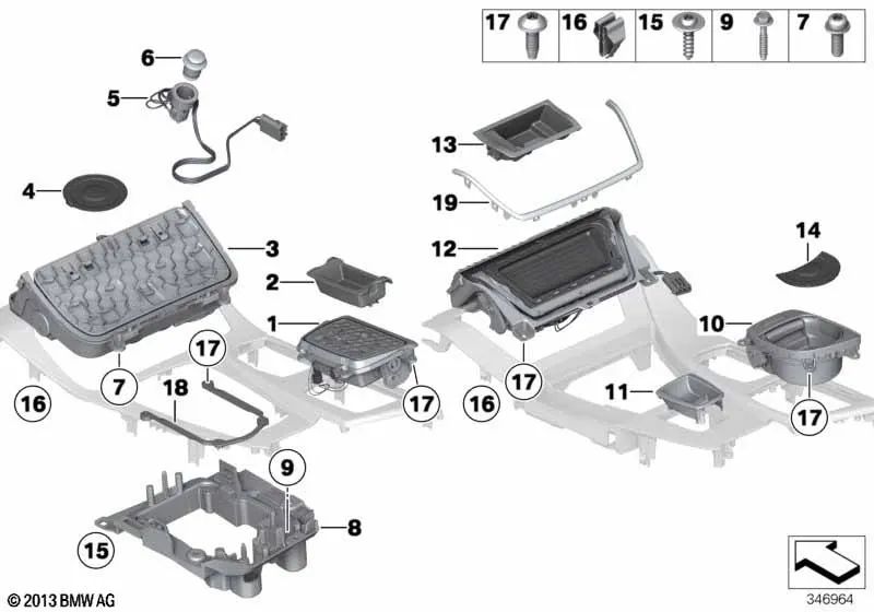 Portavasos consola central delantera para BMW Serie 5 F10, F11N (OEM 51169283611). Original BMW.