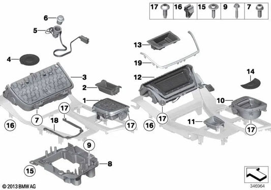 Portavasos consola central delantera para BMW Serie 5 F10, F11N (OEM 51169283611). Original BMW.