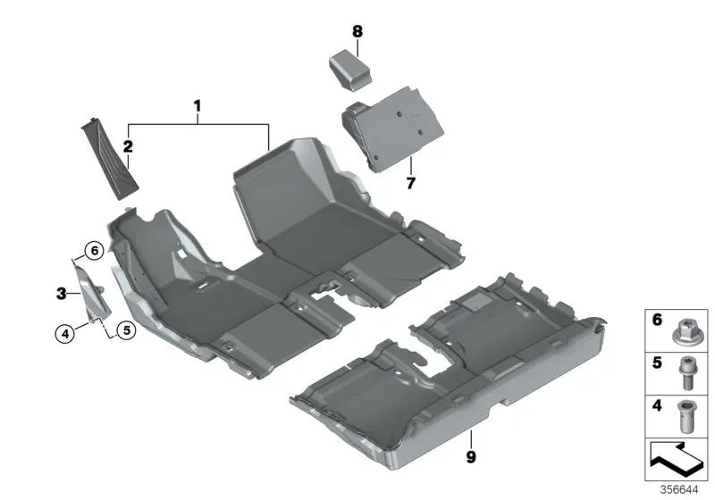 Upper passenger side footwell inserts for BMW i I01, I01N (OEM 51477288506). Genuine BMW