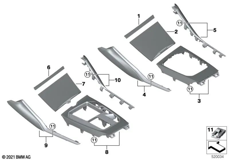 Revestimiento Consola Central Conductor Acabado Cromado para BMW G42, G87, G20, G20N, G21, G21N, G28, G28N, G80, G80N, G81, G81N, G22, G22N, G23, G23N, G26, G26E, G26F, G26N, G82, G82N, G83, G83N (OEM 51166994076). Original BMW