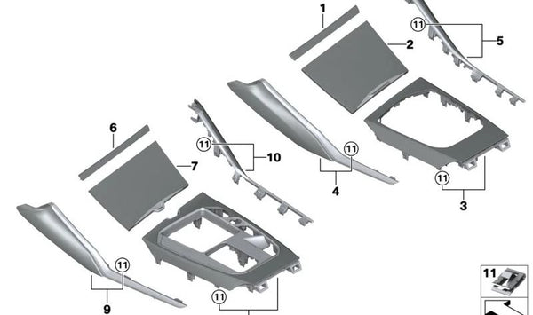 Revestimiento consola central negro brillante para BMW Serie 2 G42, G87, Serie 3 G20, G21, G28, G80, G81, Serie 4 G22, G23, G26, G82, G83 (OEM 51165A0EF91). Original BMW