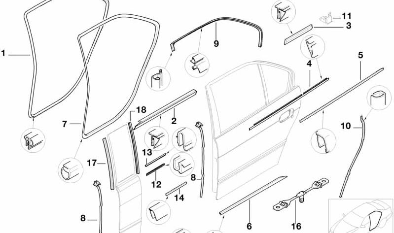 Moldura exterior trasera izquierda OEM 51228159103 para BMW E39. Original BMW.