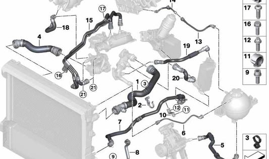 Manguera del depósito de expansión OEM 17128579333 para BMW G05, G06, G07. Original BMW.