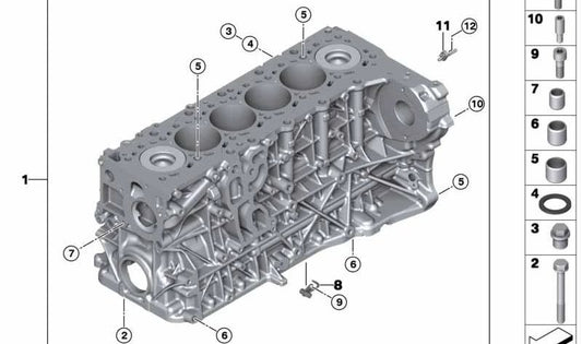 Cylinder crankcase with piston for BMW 3 Series F30, F31, F34, 4 Series F32, F33, F36, 5 Series F07, F10, F11, 6 Series F06, F12, F13, 7 Series F01N, X3 F25, X4 F26, X5 F15, X6 F16 (OEM 11112359841). Genuine BMW.