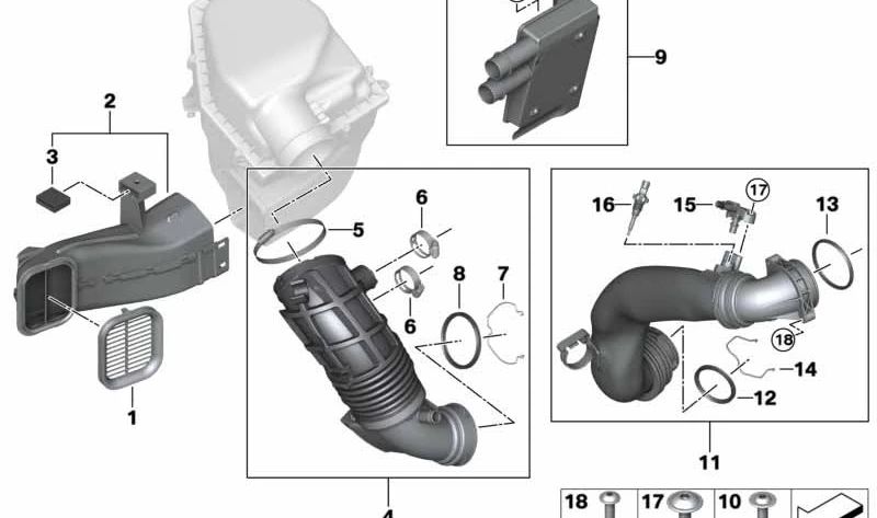 Guía de aire de carga para BMW Serie 2 G42, Serie 3 G20, G21, Serie 4 G22, G23, G26, Serie 5 G30, G31, Serie 6 G32, Serie 7 G12N, Serie 8 G14, G15, G16, X3 G01, X4 G02, X5 G05, G18, X6 G06, X7 G07, Z4 G29 (OEM 13718651066). Original BMW.