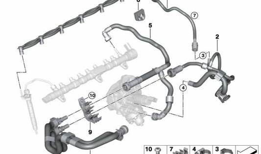 Tubería de combustible en el compartimento del motor para BMW G30, G31, G32, G11, G12, G14, G15, G16 (OEM 13538571676). Original BMW