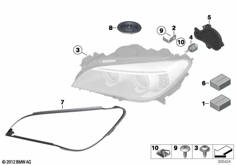 Kit de reparación soporte de faro derecho para BMW F01, F02, F04 (OEM 63117225236). Original BMW