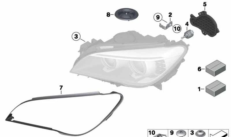 Kit de reparación soporte de faro izquierdo para BMW Serie 7 F01, F02, F04 (OEM 63117225235). Original BMW