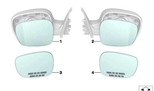 Cristal de espejo gran angular derecho para BMW E83N (OEM 51163454948). Original BMW