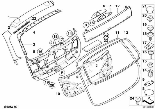 Lower tailgate trim for BMW E91, E91N (OEM 51497162180). Genuine BMW