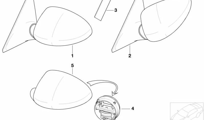 Heated electric exterior mirror R. primed for BMW 3 Series E46 (OEM 51167896446). Original BMW