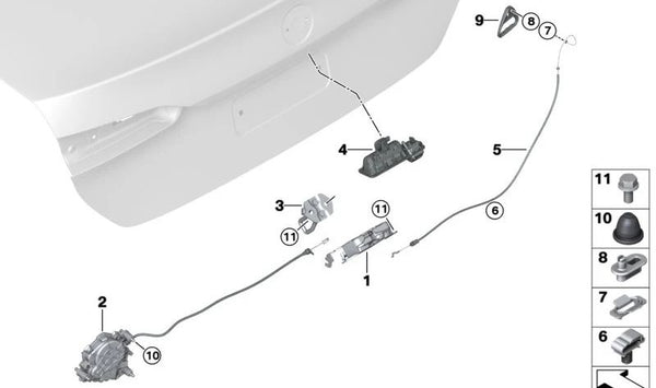 Pulsador Portón Trasero para BMW Serie 1 F70, Serie 2 U06, Serie 5 G60, G61, G68, G90, X1 U11, U12 (OEM 51248494246). Original BMW