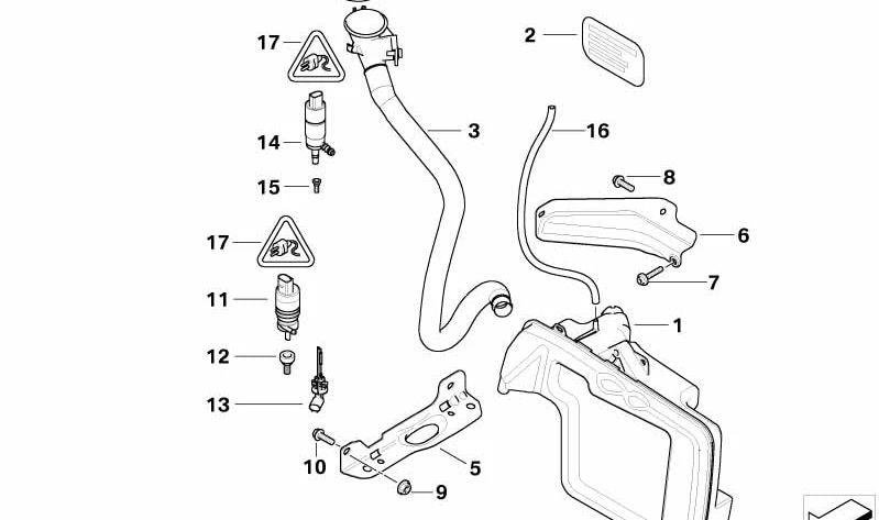 Windscreen washer reservoir bracket for BMW E60, E61, E63, E64 (OEM 61667117645). Original BMW