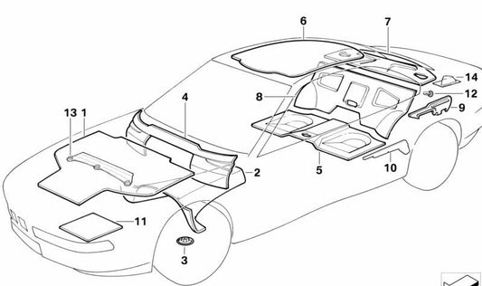 Aislamiento acústico del paso de rueda trasero derecho para BMW Serie 8 E31 (OEM 51481970982). Original BMW