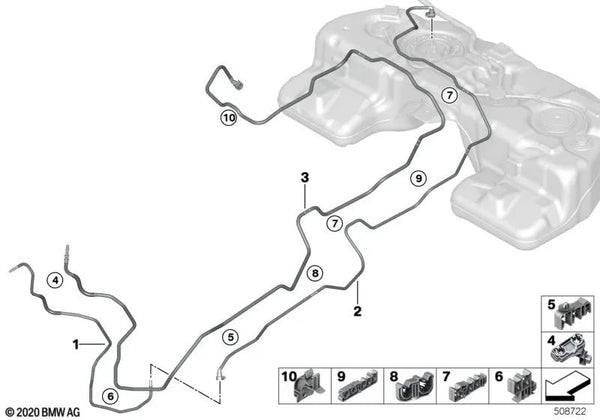 Tubería de suministro de combustible trasera para BMW F95, F95N, G05, G05N, F96, F96N, G06, G06N, G07 (OEM 16129895501). Original BMW.