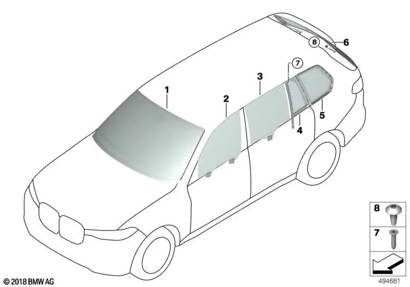 Left rear fixed side glass for BMW X7 G07, G07N (OEM 51377444115). Genuine BMW