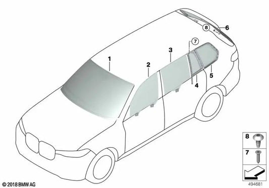 Cristal lateral fijo trasero derecho para BMW G07, G07N (OEM 51377431148). Original BMW.