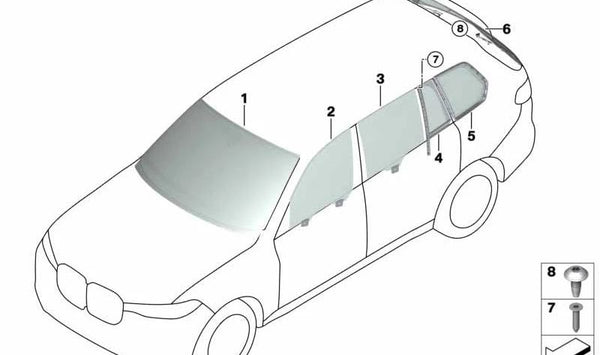 Cristal lateral fijo trasero izquierdo para BMW X7 G07, G07N (OEM 51377431147). Original BMW.