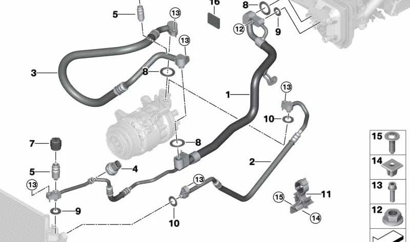 Tubería de succión evaporador-compresor para BMW Serie 5 G30, G31, Serie 6 G32 (OEM 64537943180). Original BMW