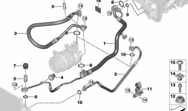 Tubería de succión evaporador-compresor OEM 64537943181 para BMW G30, G31, G32. Original BMW.