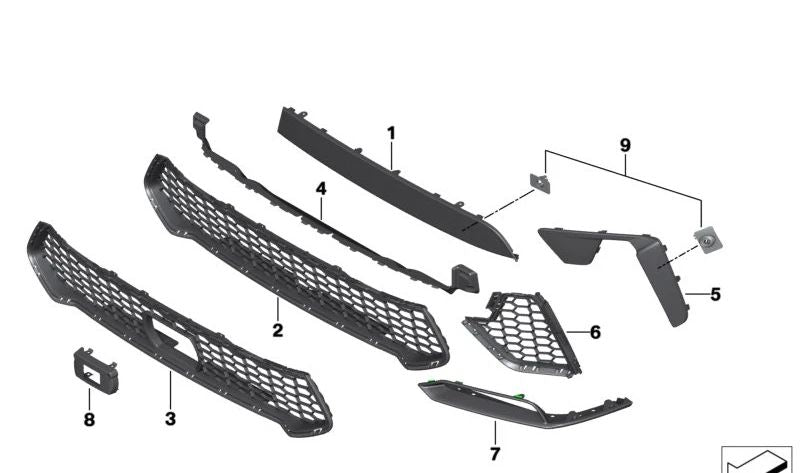 Untere rechte Kühlergrillklemme für BMW X5 F95 (OEM 51118090946). Original BMW