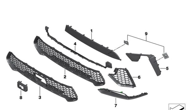 Abrazadera Rejilla lateral inferior derecha para BMW X5 F95 (OEM 51118090946). Original BMW