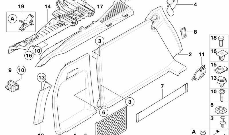 Revestimiento inferior izquierdo de la Säule para BMW E71, E72 (OEM 51479135345). Original BMW