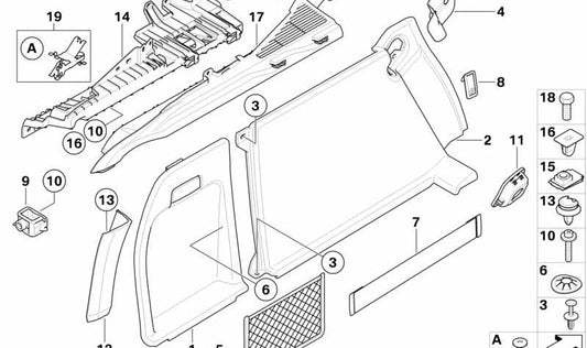 Revestimiento inferior izquierdo de la Säule para BMW E71, E72 (OEM 51479135345). Original BMW